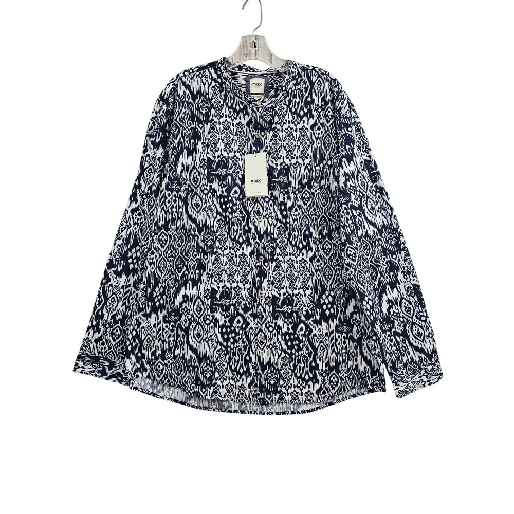 Max Fashion Shirt Mens XXL Navy Ikat Print Cotton Long Sleeve Mandarin Collar